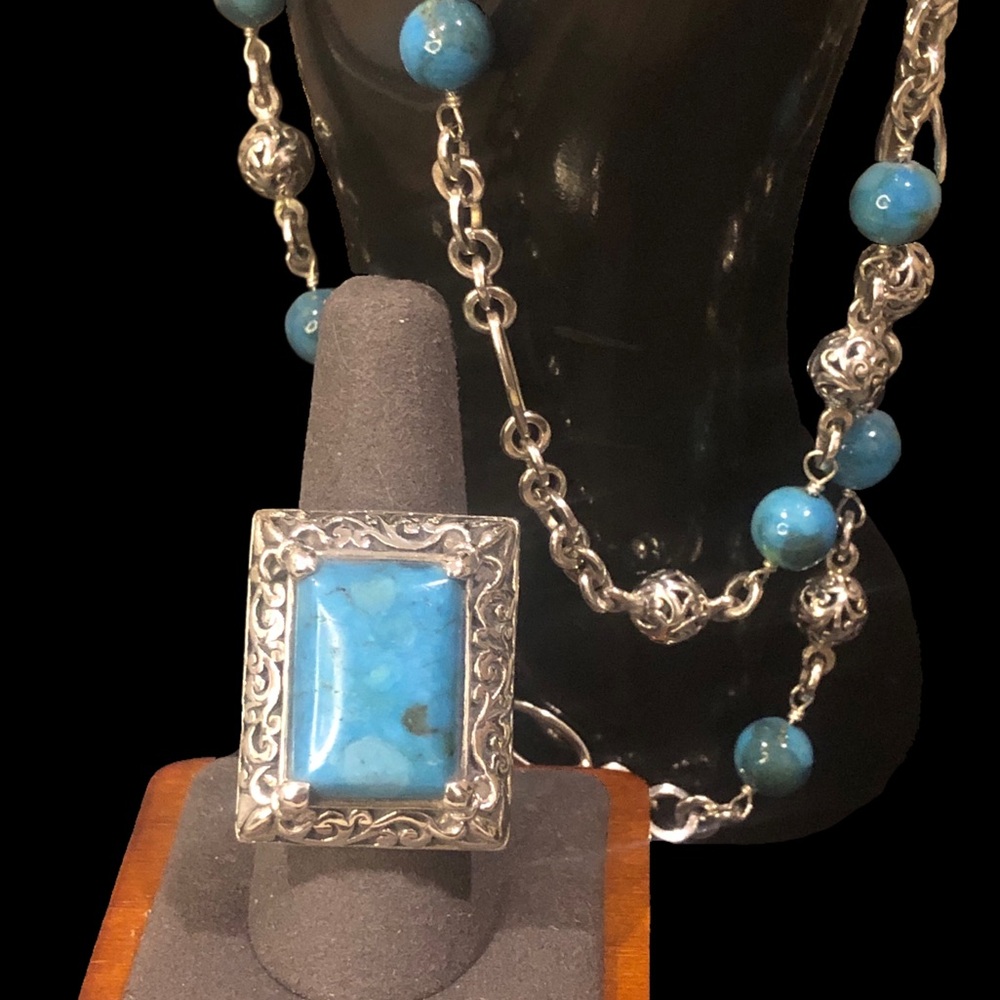 LOIS HILL Sterling Silver & Oversized Turquoise Cabochon Gemstone Cocktail Ring - Picture 7 of 17
